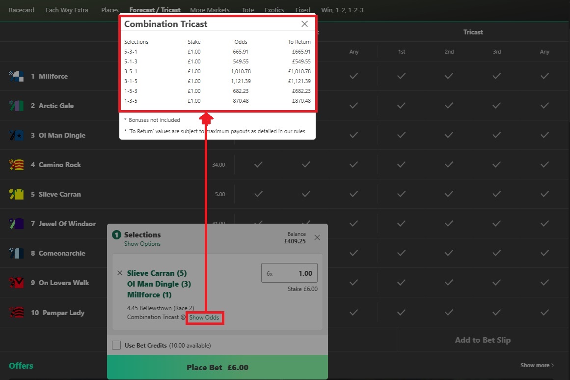 Bet365 combination tricast bet slip displaying a breakdown of all potential winning combinations & the possible returns